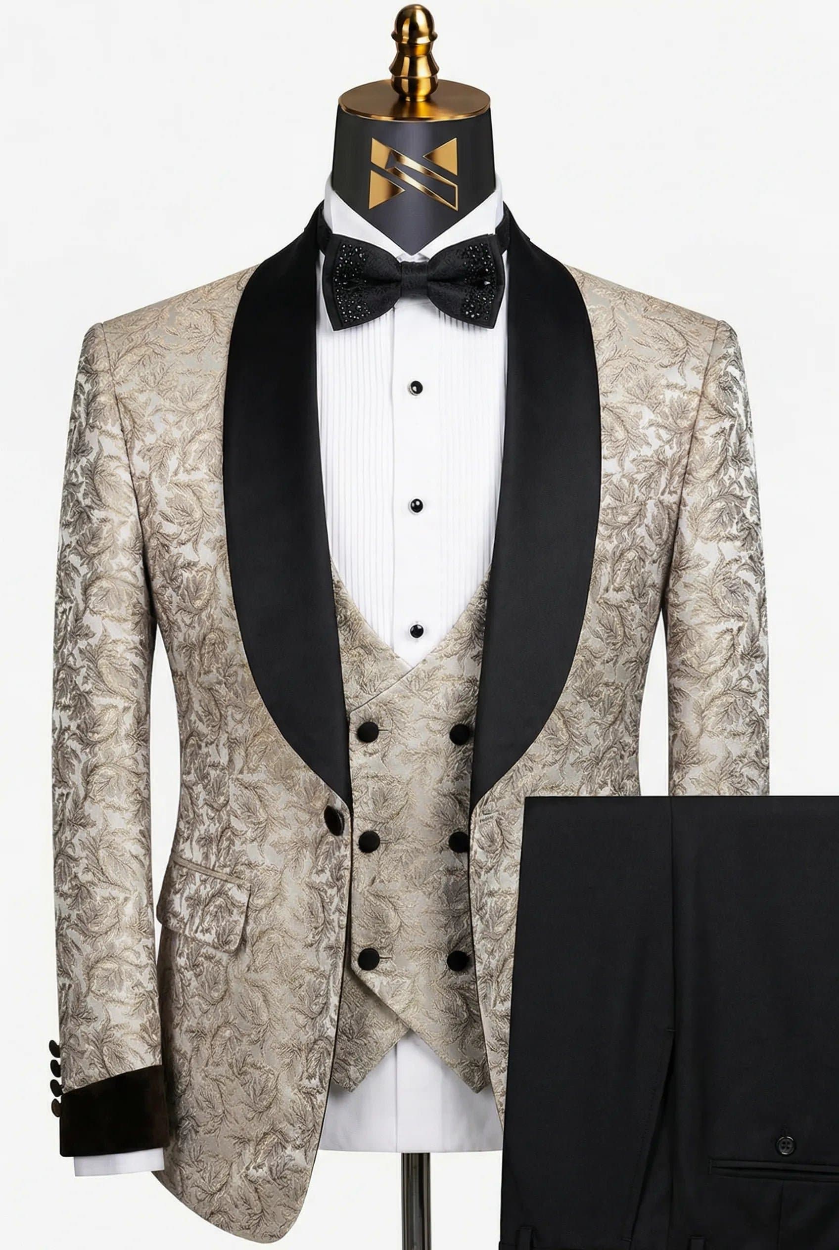 Ivory Meridian Beige Leaf Jacquard 3-Piece Tuxedo Jacket Vest Trousers Slim Fit