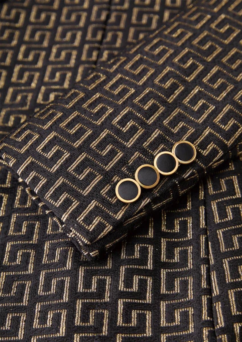 Obsidian Pantheon Black & Gold Jacquard 3-Piece Slim Fit Tuxedo Jacket Vest Trousers