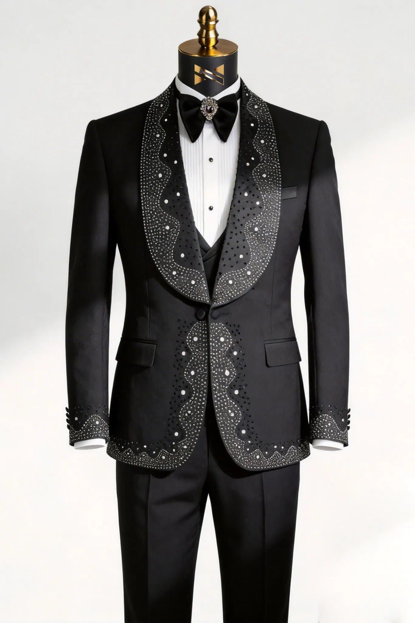 Obsidian Stardust Black Crystal Embellished 3-Piece Tuxedo Set Slim Fit