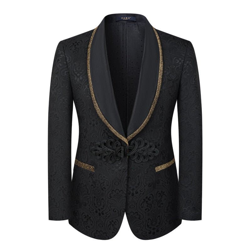 Black Damask Gold Trim 3-Piece Tuxedo Set Obsidian Gilt Slim Fit Jacket Vest Trousers