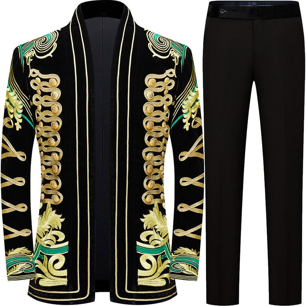 Black Velvet Gold Braided Hussar Tuxedo Jacket and Trousers Set