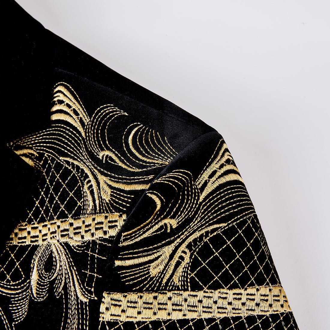 Black Velvet Gold Embroidered Tuxedo Jacket and Trousers Set Slim Fit
