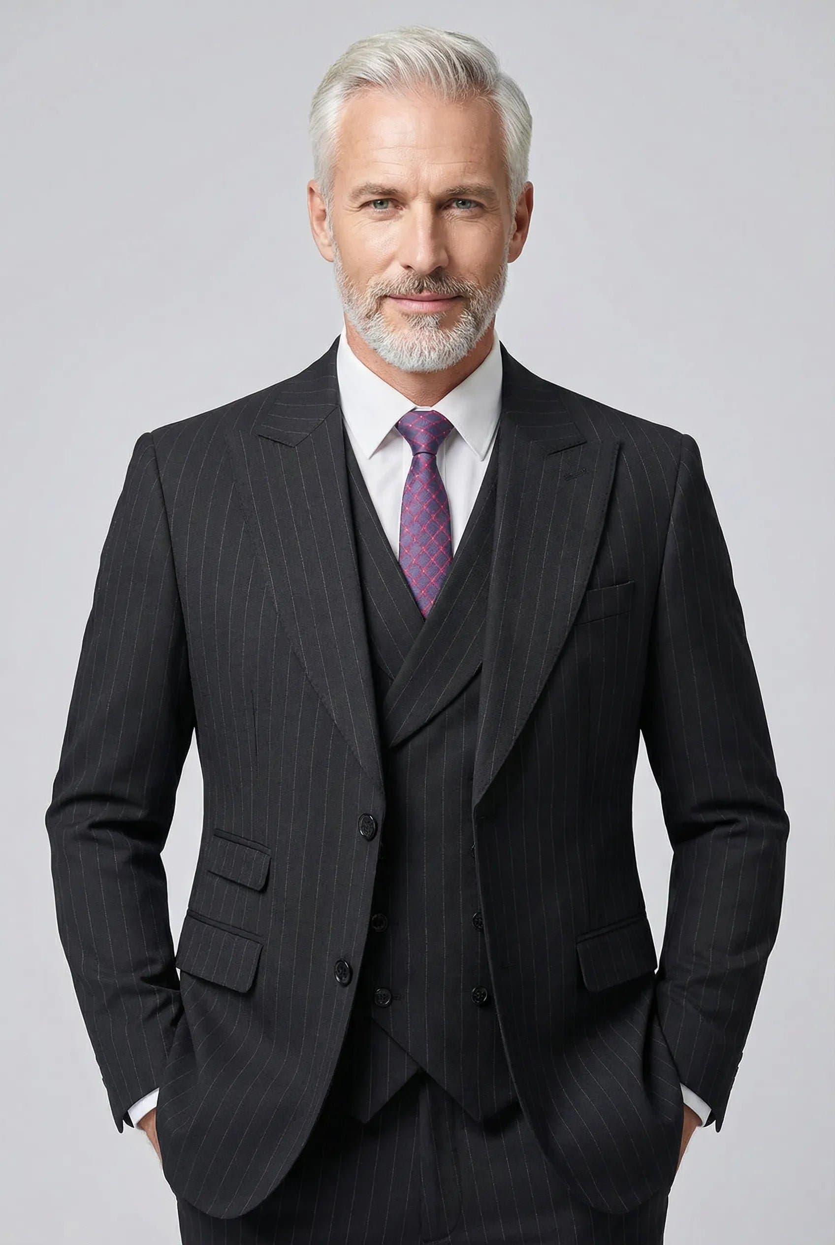 Obsidian Peak Black Pinstripe Double-Breasted Vest 3-Piece Slim Fit Suit Set