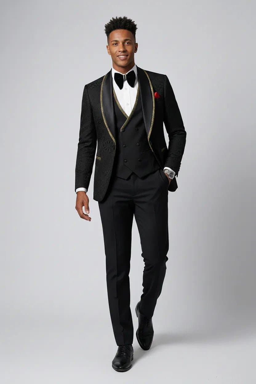 Black Damask Gold Trim 3-Piece Tuxedo Set Obsidian Gilt Slim Fit Jacket Vest Trousers