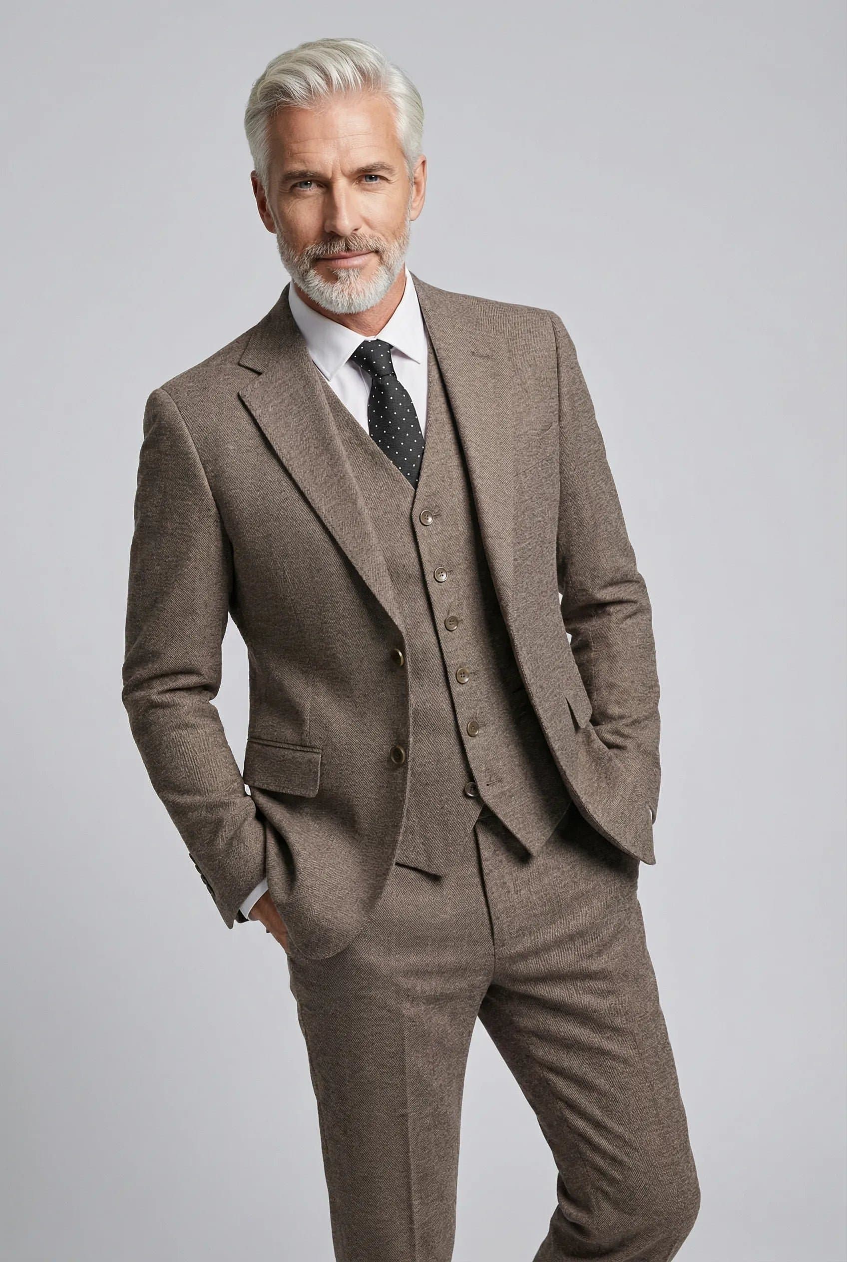 Coffee Brown Textured Tweed 3-Piece Suit Set - Slim Fit Jacket Vest Trousers