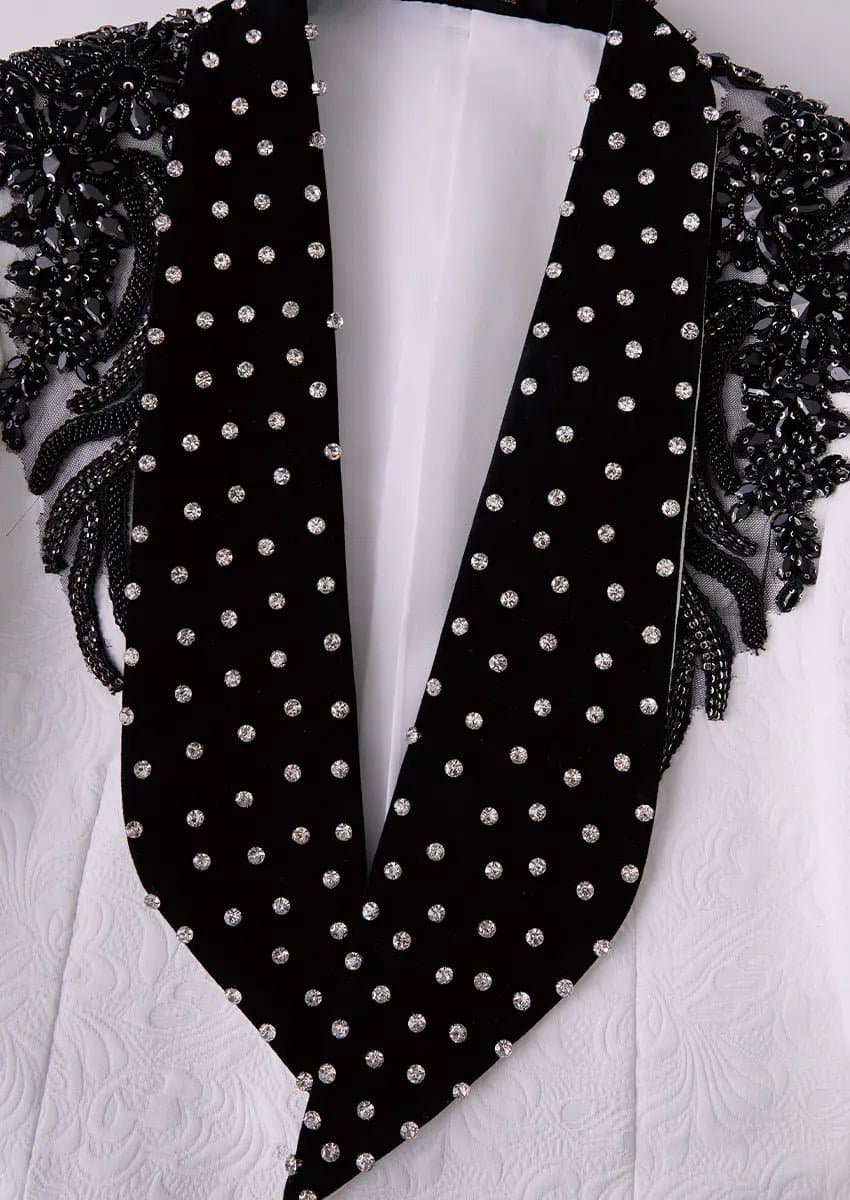 Obsidian Vanguard White Black Wing Beaded Contrast 3-Piece Tuxedo Slim Fit