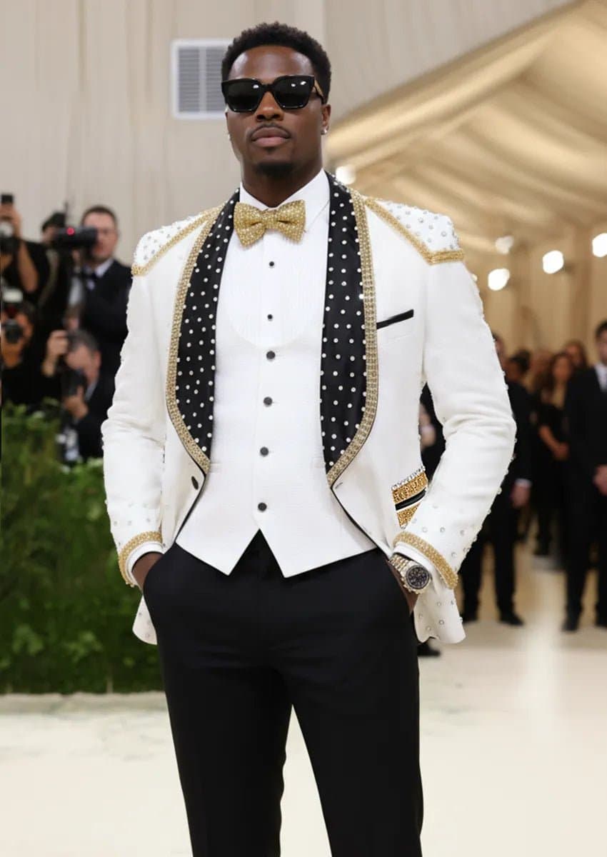 Alabaster Imperial White Rose Jacquard Gold Beaded 3-Piece Tuxedo Slim Fit