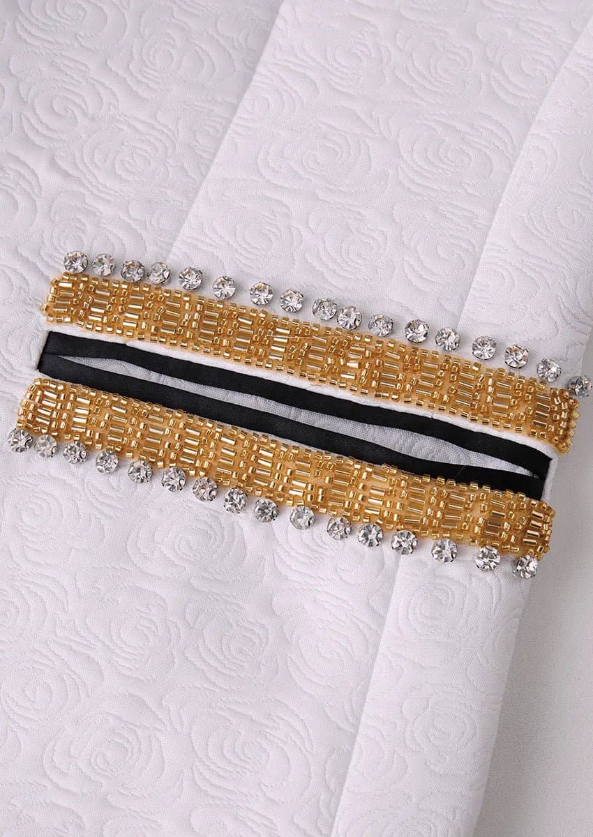 Alabaster Imperial White Rose Jacquard Gold Beaded 3-Piece Tuxedo Slim Fit