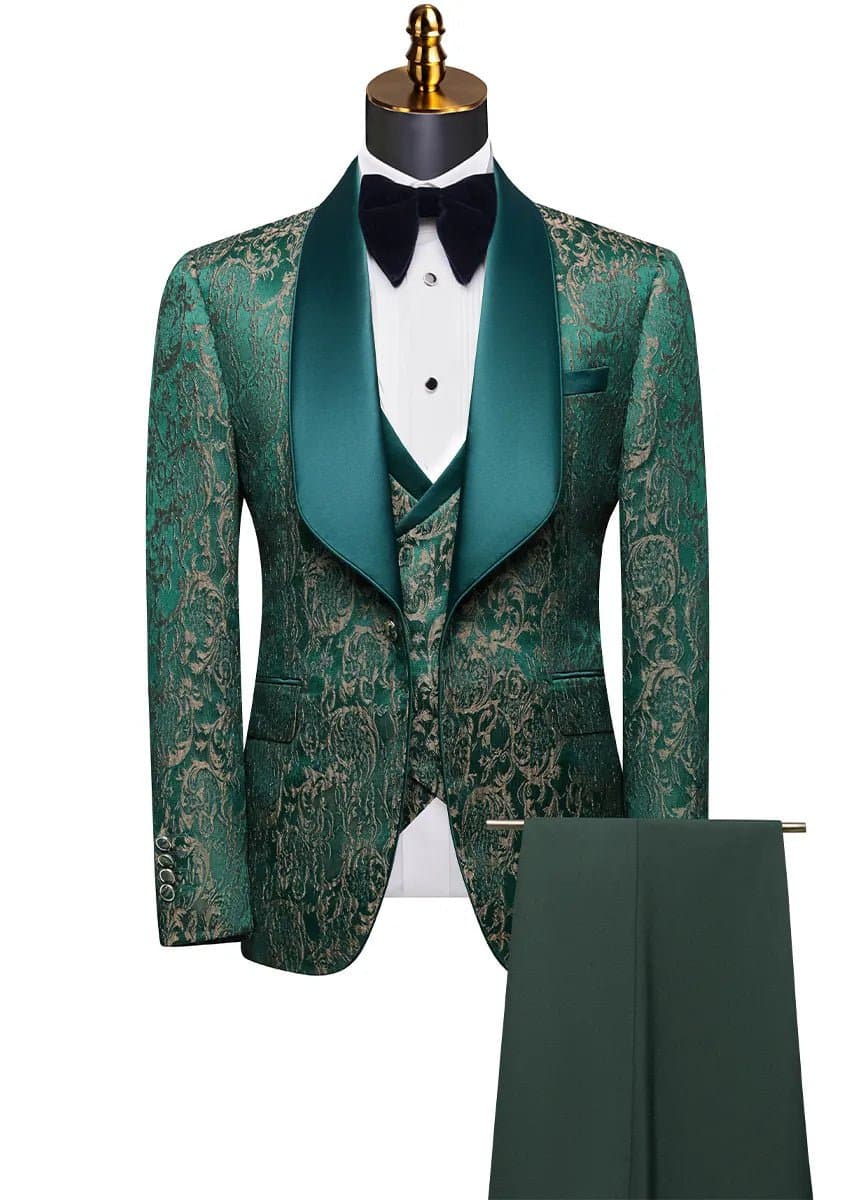 Emerald Green Jacquard 3-Piece Tuxedo Slim Fit Jacket Vest Trousers