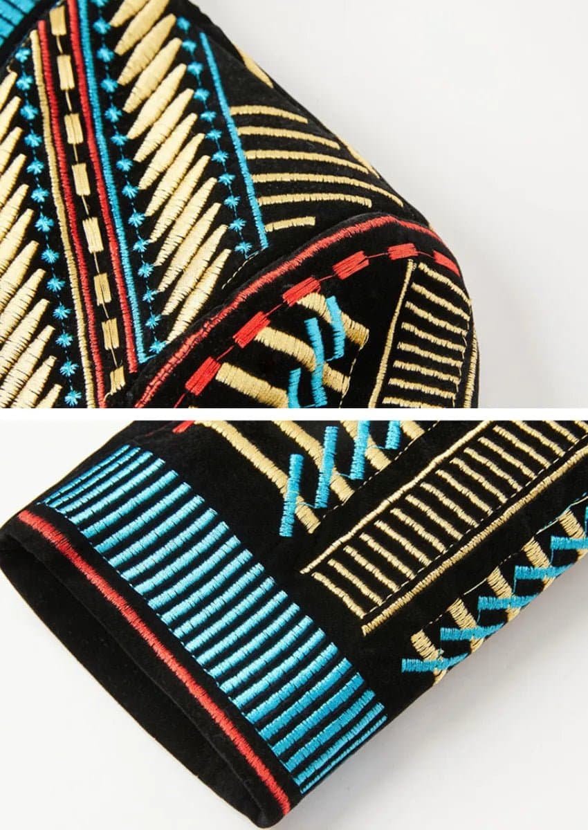 Mayan Sun Multi-Color Tribal Embroidered Velvet Jacket Slim Fit Black