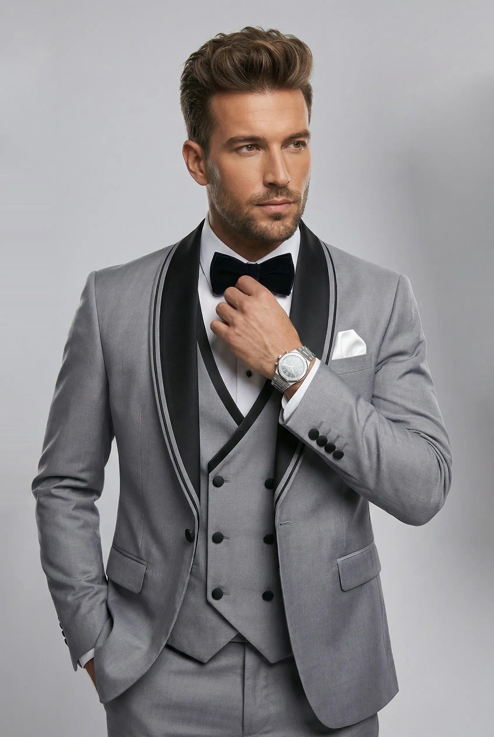 Slate Zenith Light Grey Satin Shawl Collar 3-Piece Slim Fit Tuxedo Set