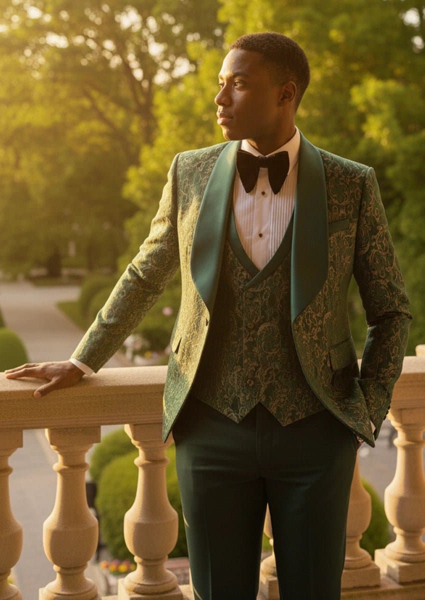 Emerald Green Jacquard 3-Piece Tuxedo Slim Fit Jacket Vest Trousers