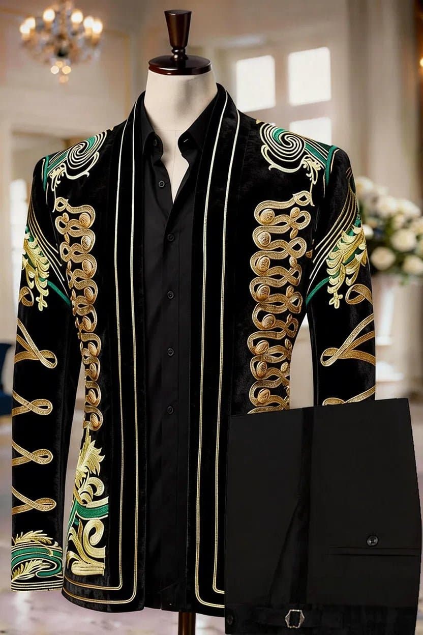 Black Velvet Gold Braided Hussar Tuxedo Jacket and Trousers Set