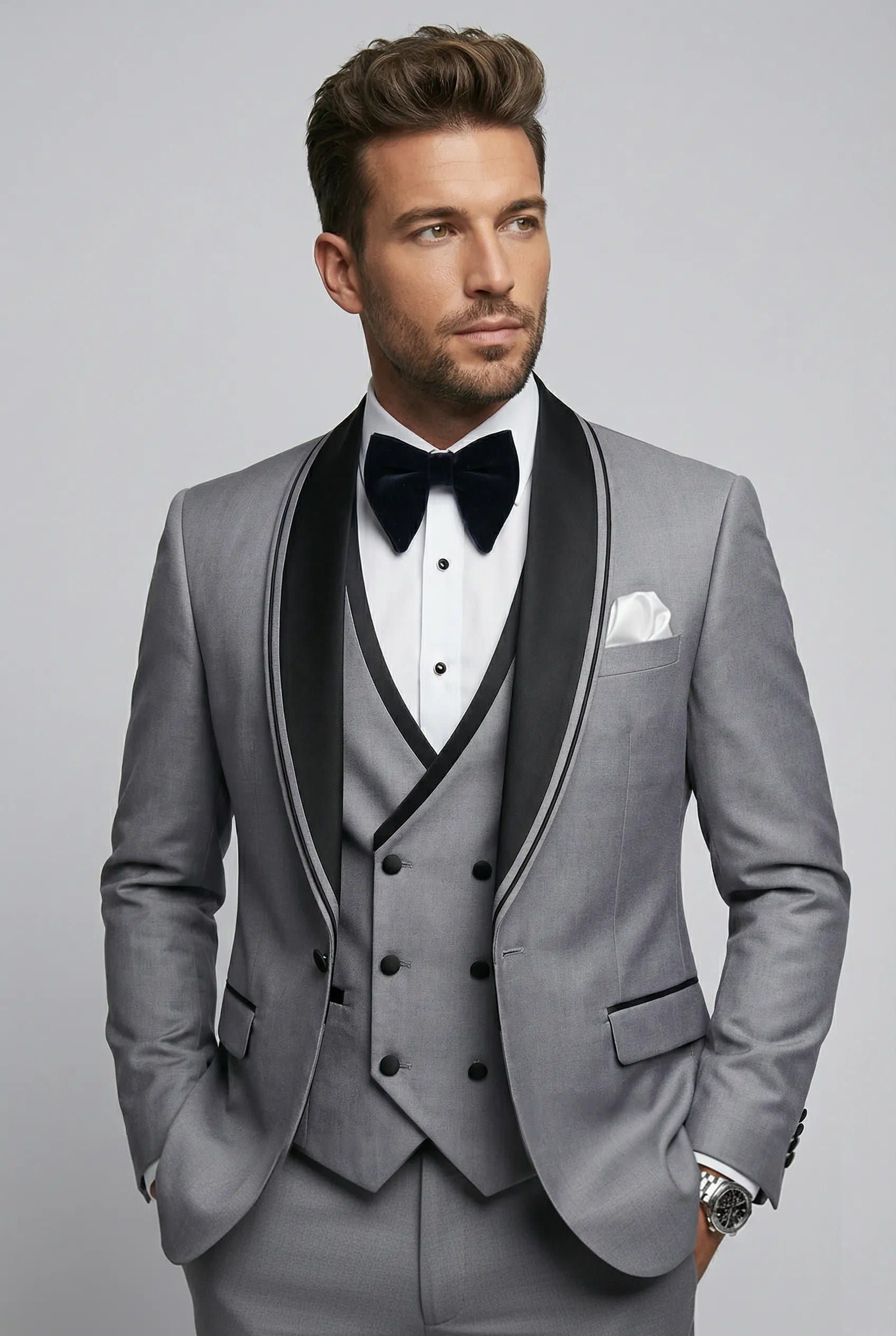 Slate Zenith Light Grey Satin Shawl Collar 3-Piece Slim Fit Tuxedo Set