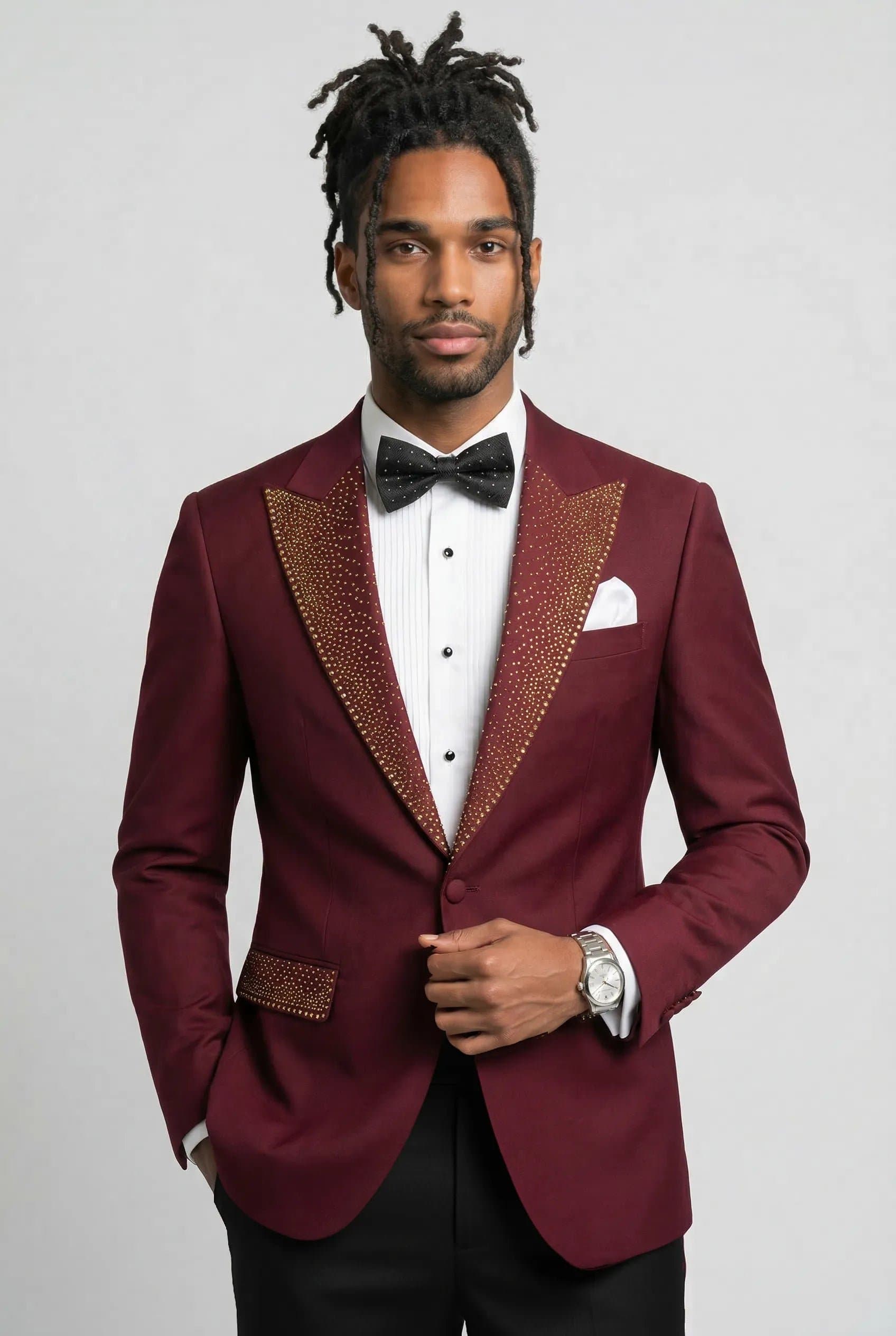 Burgundy Gold Crystal 3-Piece Tuxedo Suit Set - Peak Lapel Jacket Vest Trousers