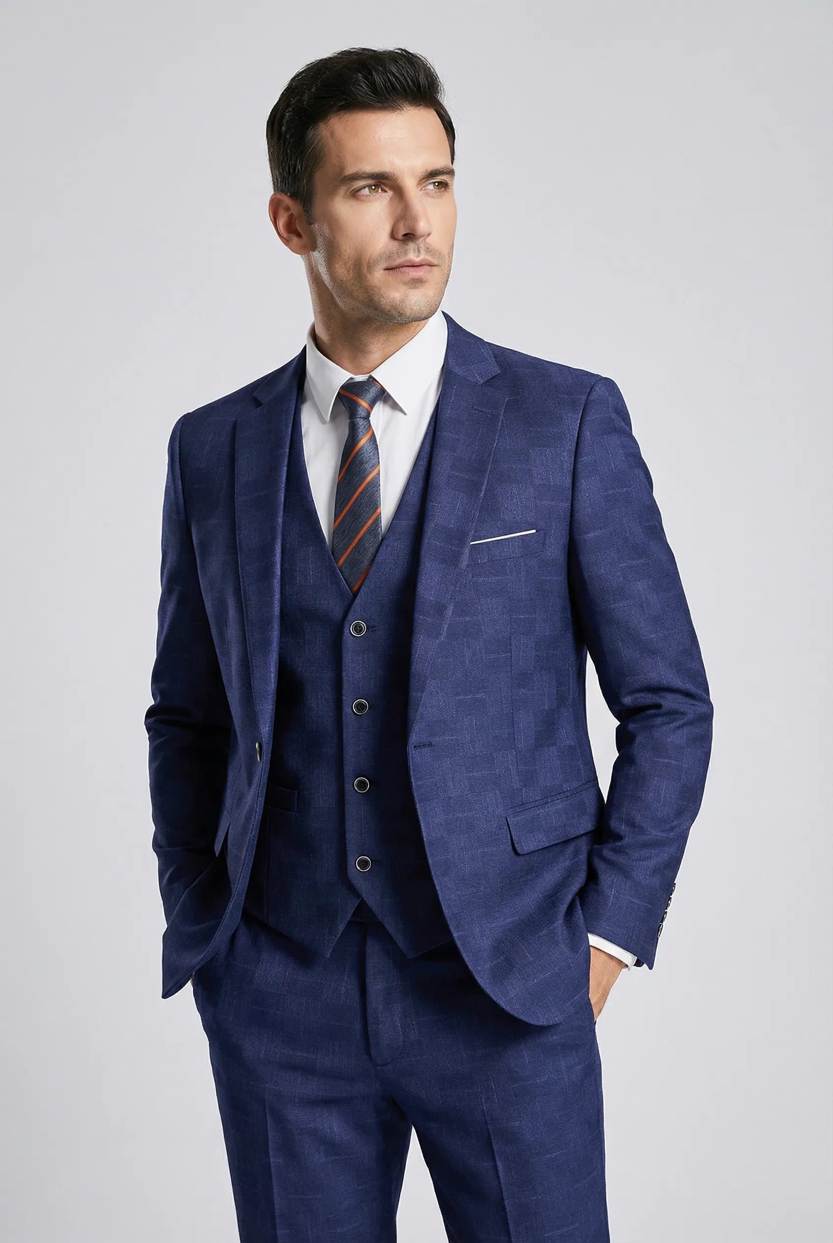 Royal Blue Geometric Sapphire Canvas 3-Piece Suit Set Jacket Vest Trousers Slim Fit
