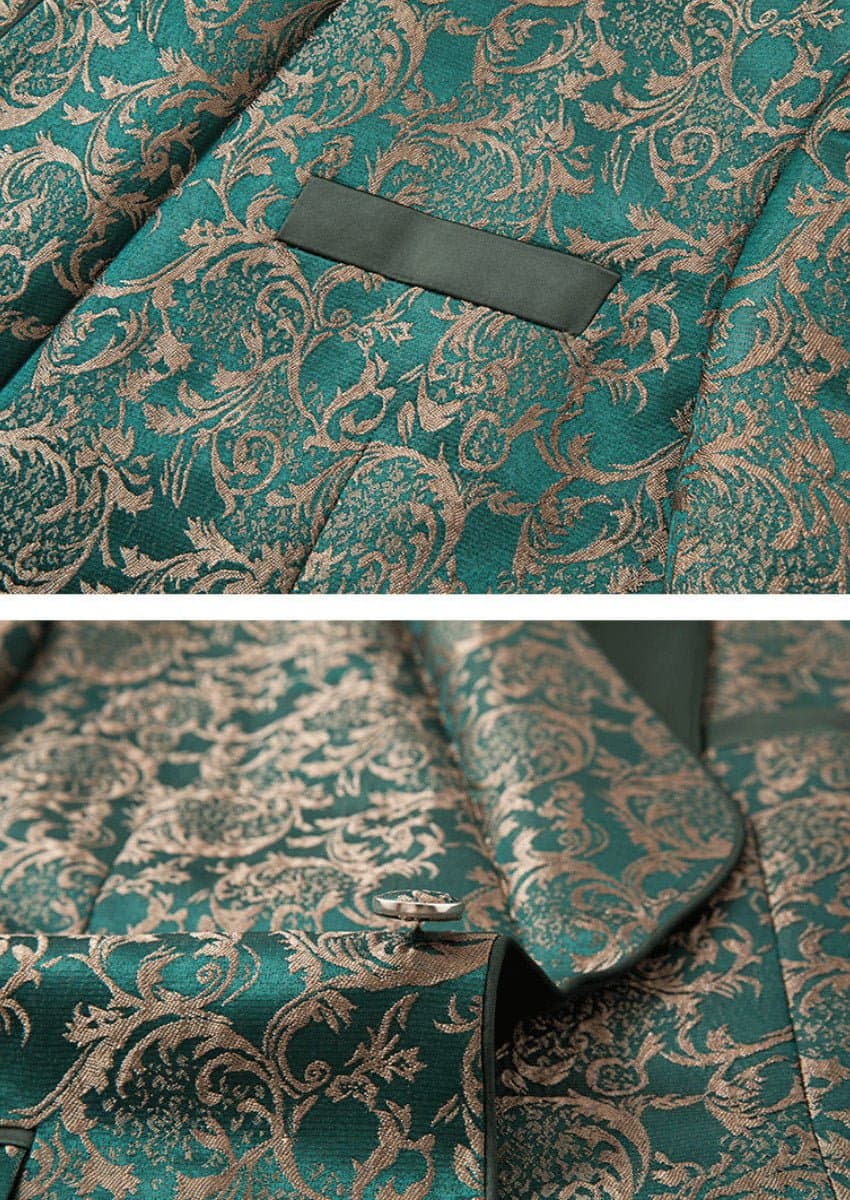 Emerald Green Jacquard 3-Piece Tuxedo Slim Fit Jacket Vest Trousers