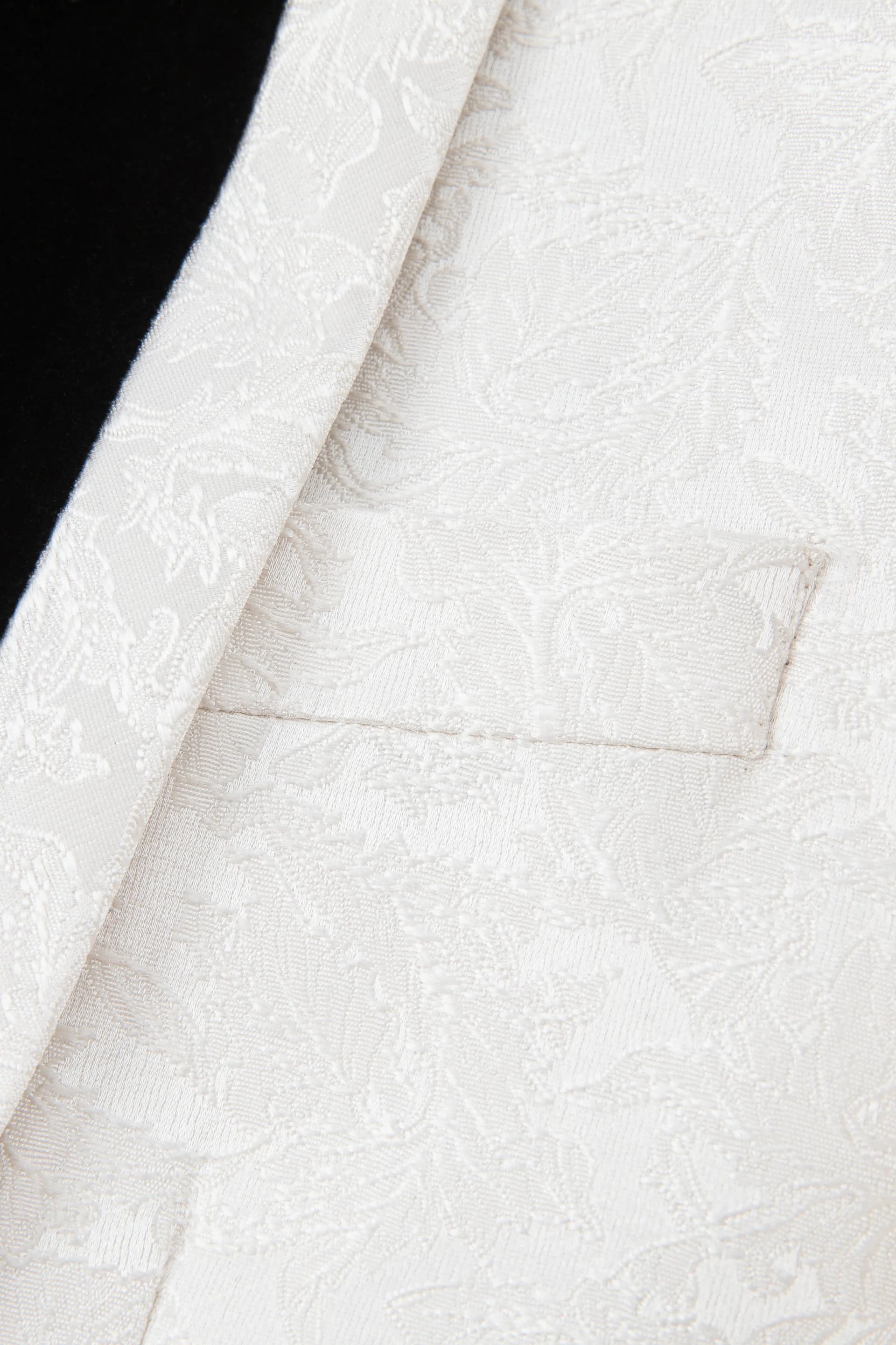 White Floral Jacquard 3-Piece Tuxedo with Black Velvet Shawl Collar - Sizes 34R-42R