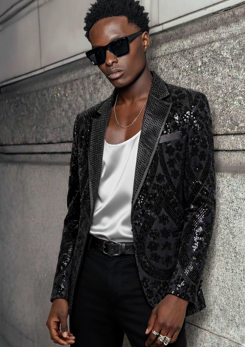 Obsidian Galaxy Black Sequin Velvet Dinner Jacket Slim Fit