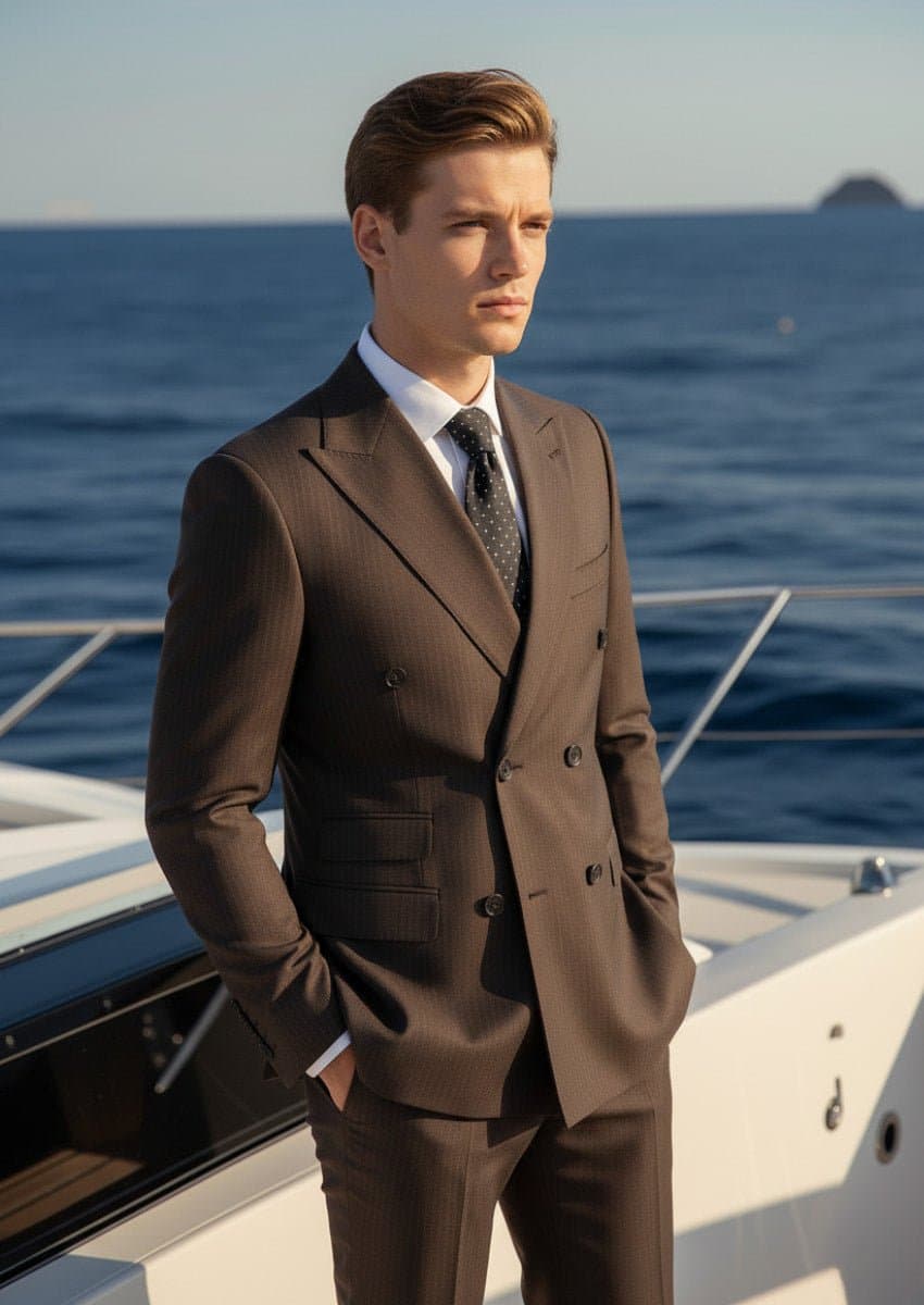 Men’s Brown Double-Breasted Striped Slim Fit Suit 2-Piece Set