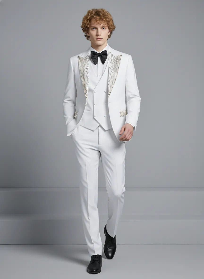 Alabaster Starlight White Crystal-Embellished 3-Piece Tuxedo Set with Black Satin Lapel