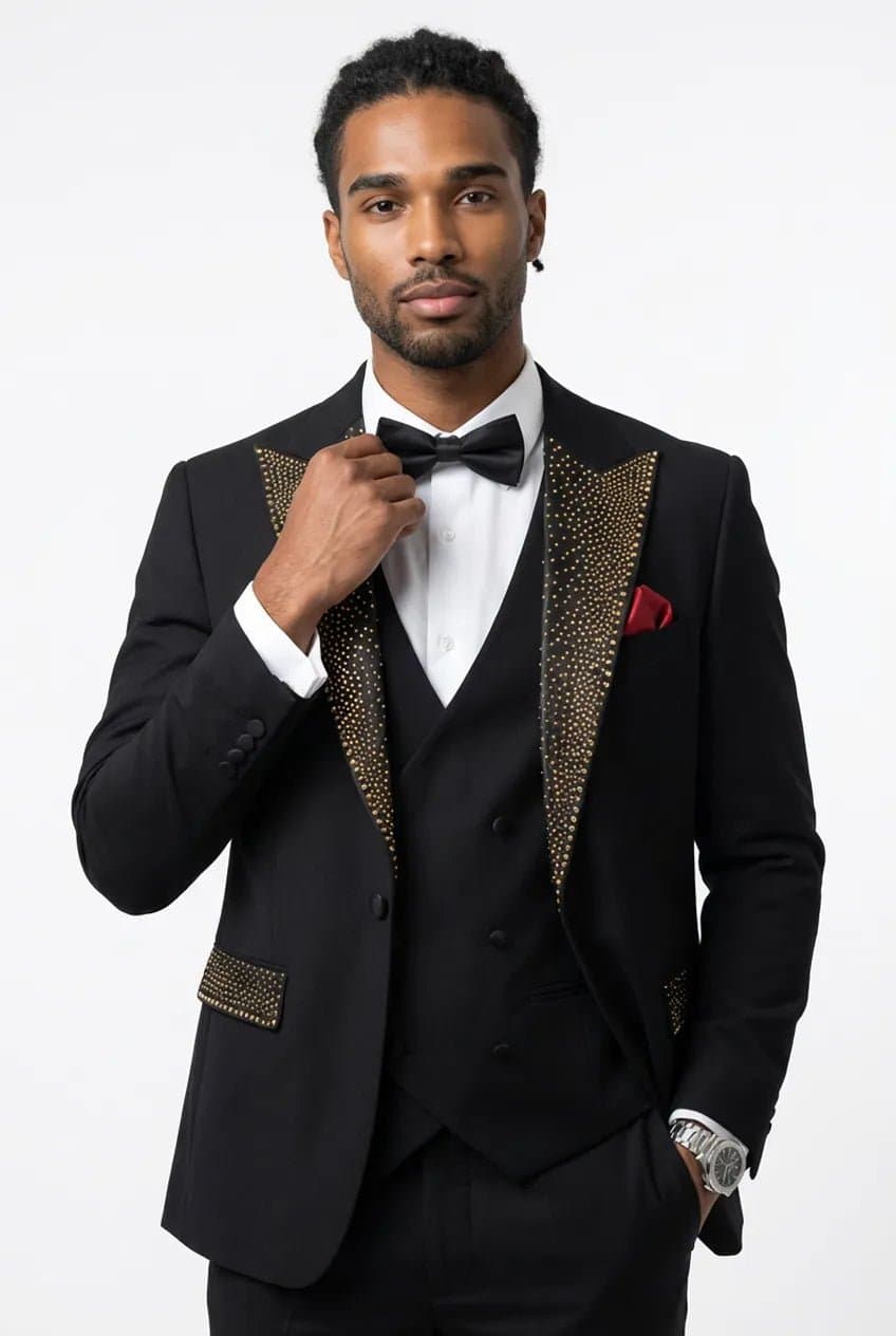 Midnight Mosaic Black & Gold Crystal Peak Lapel 3-Piece Slim Fit Tuxedo Set