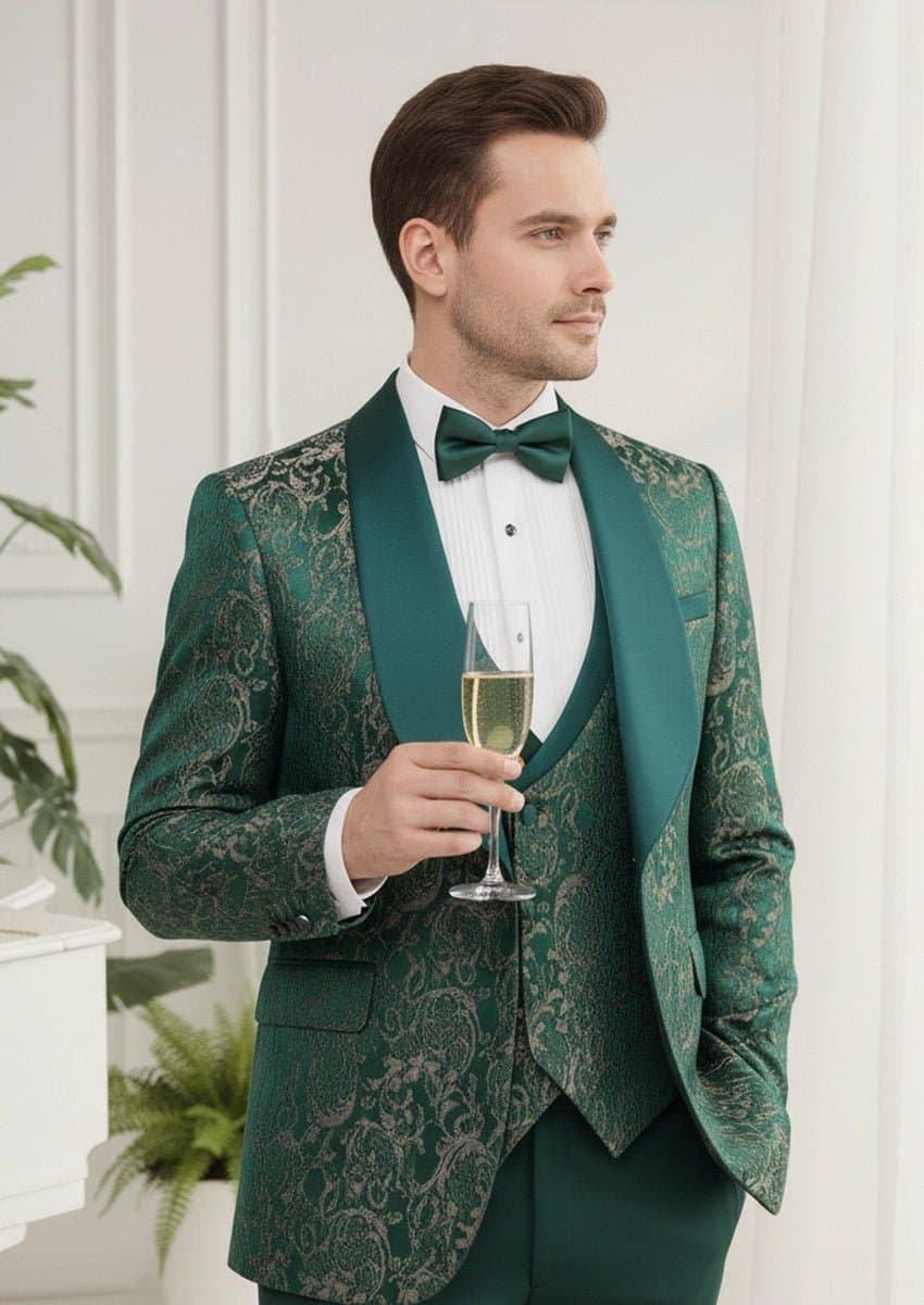Emerald Green Jacquard 3-Piece Tuxedo Slim Fit Jacket Vest Trousers