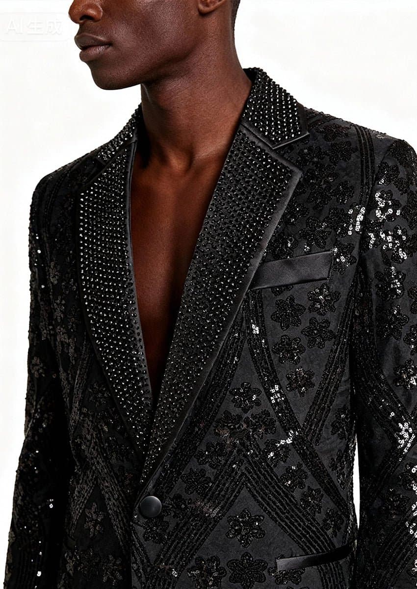 Obsidian Galaxy Black Sequin Velvet Dinner Jacket Slim Fit