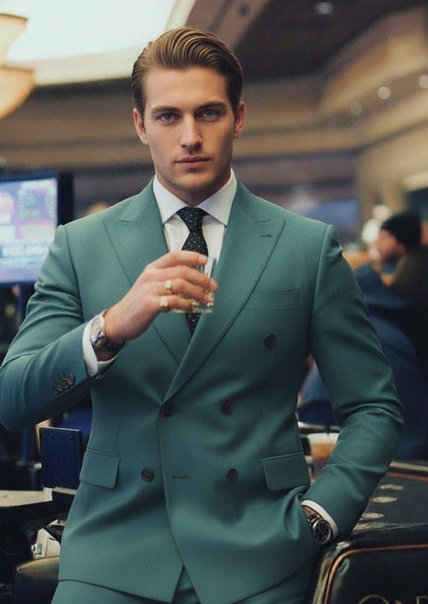 Men’s Green Double-Breasted Slim Fit 2-Piece Suit with Peaked Lapel