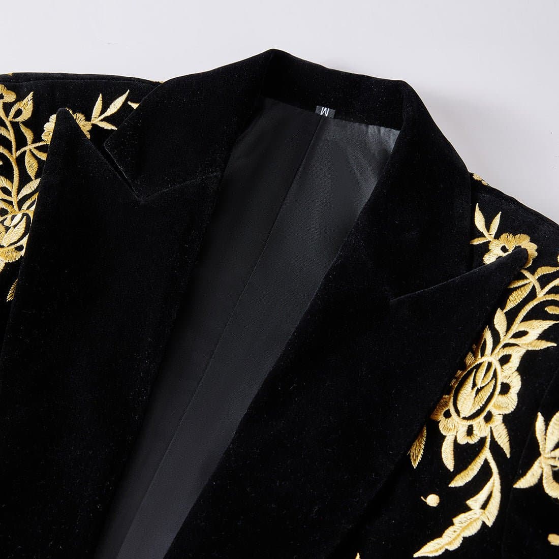 Black Velvet Gold Embroidered Tuxedo Set Jacket and Trousers Slim Fit