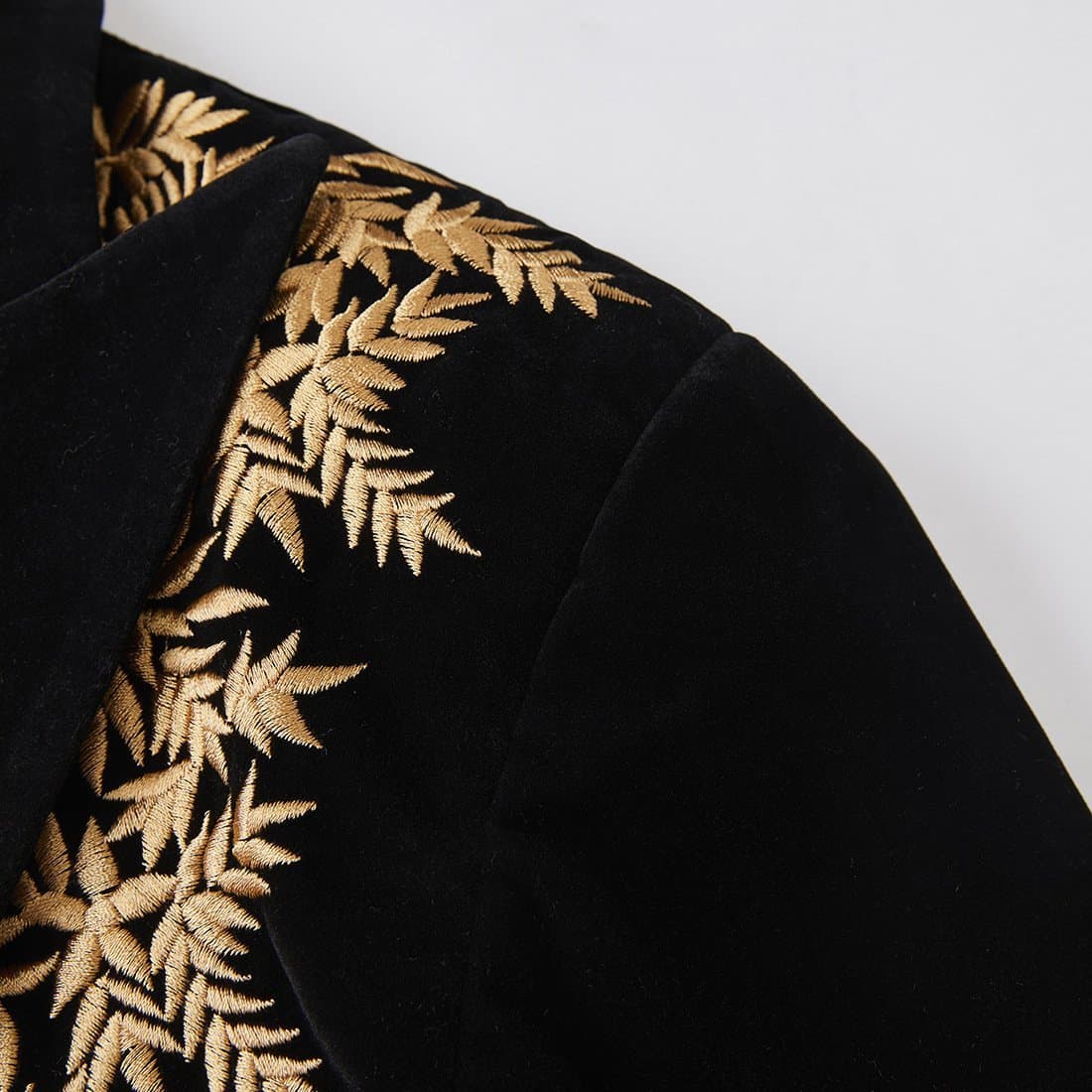 Black Velvet Gold Leaf Fern Embroidered Tuxedo Jacket and Trousers Set