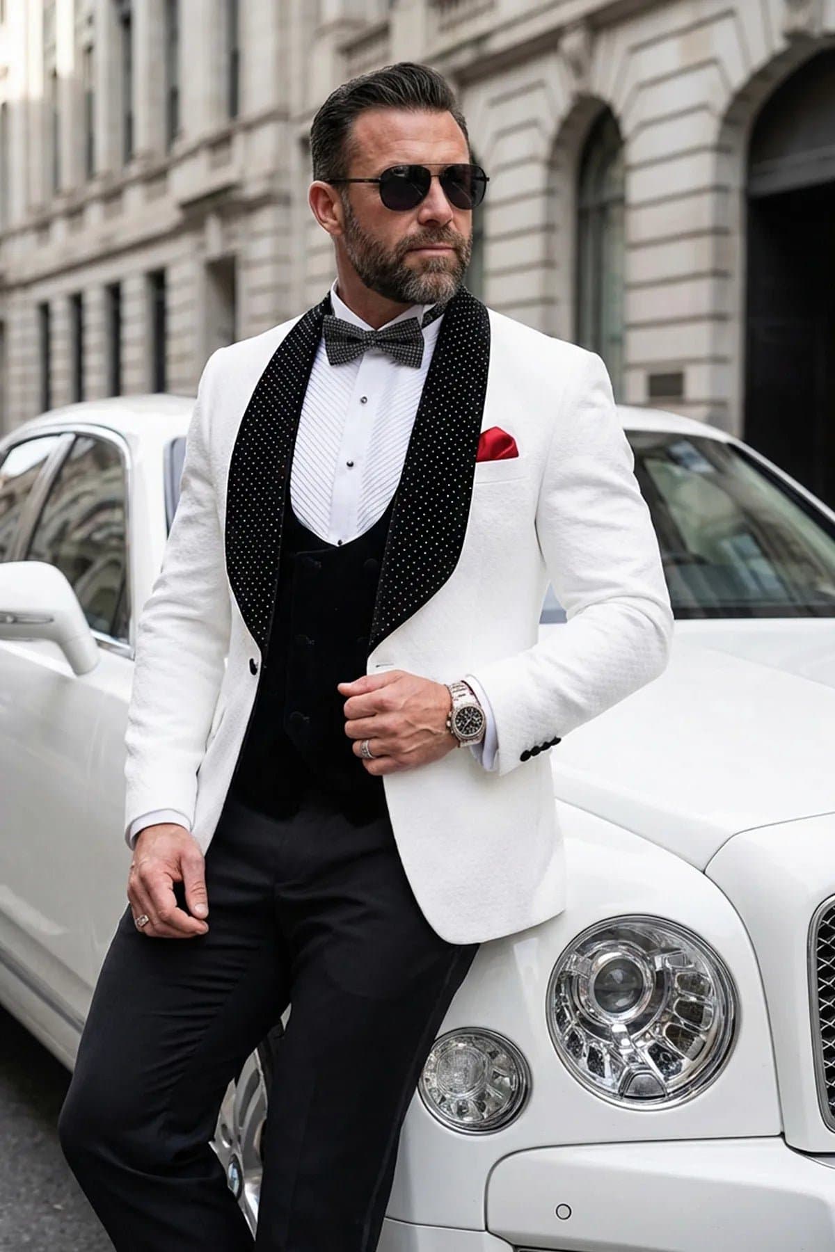 White Jacquard Velvet 3-Piece Tuxedo Slim Fit - Alabaster Masterpiece Jacket Vest Trousers