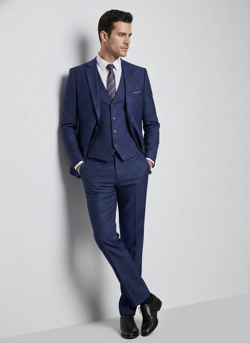 Royal Blue Geometric Sapphire Canvas 3-Piece Suit Set Jacket Vest Trousers Slim Fit