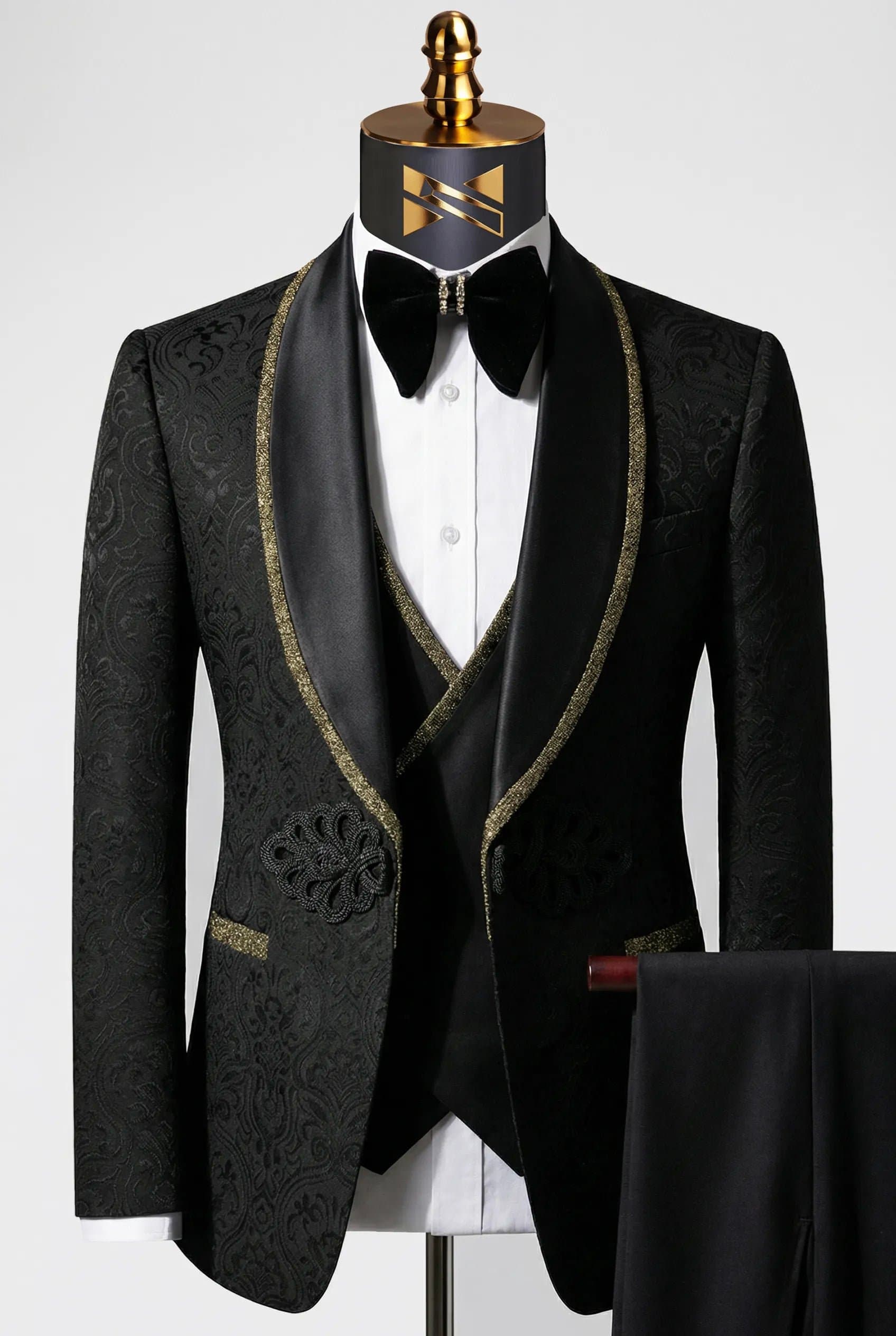 Black Damask Gold Trim 3-Piece Tuxedo Set Obsidian Gilt Slim Fit Jacket Vest Trousers