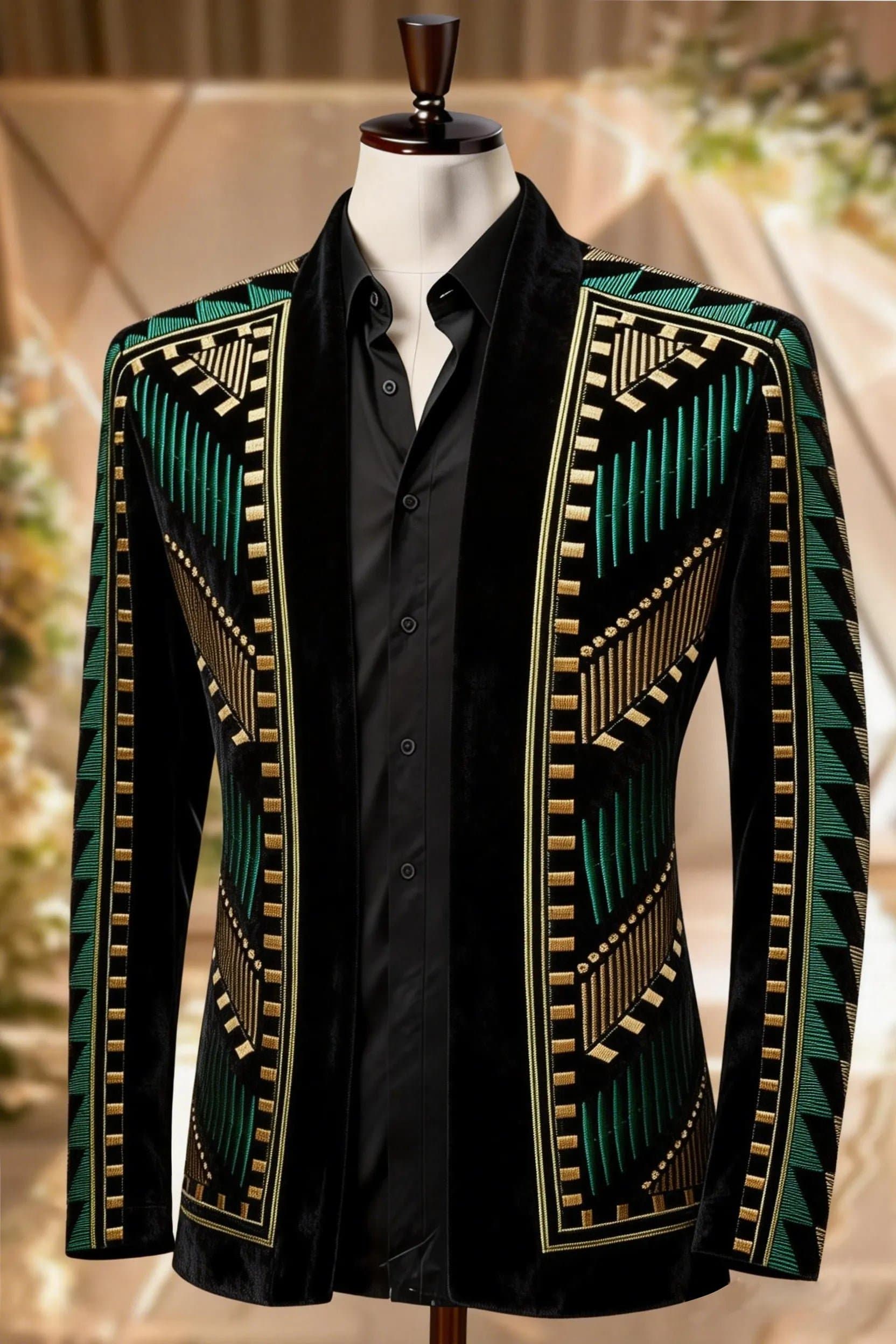 Asante Zenith Green Heritage Velvet Dinner Jacket with Gold Embroidery