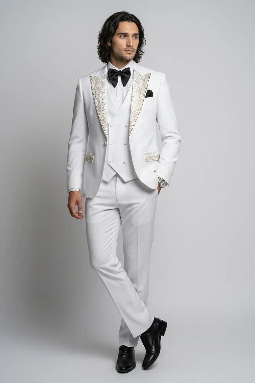 Alabaster Starlight White Crystal-Embellished 3-Piece Tuxedo Set with Black Satin Lapel