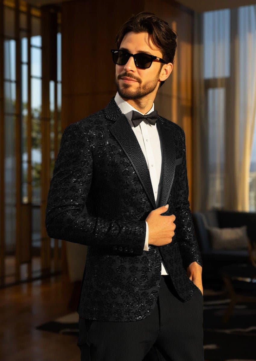 Obsidian Galaxy Black Sequin Velvet Dinner Jacket Slim Fit