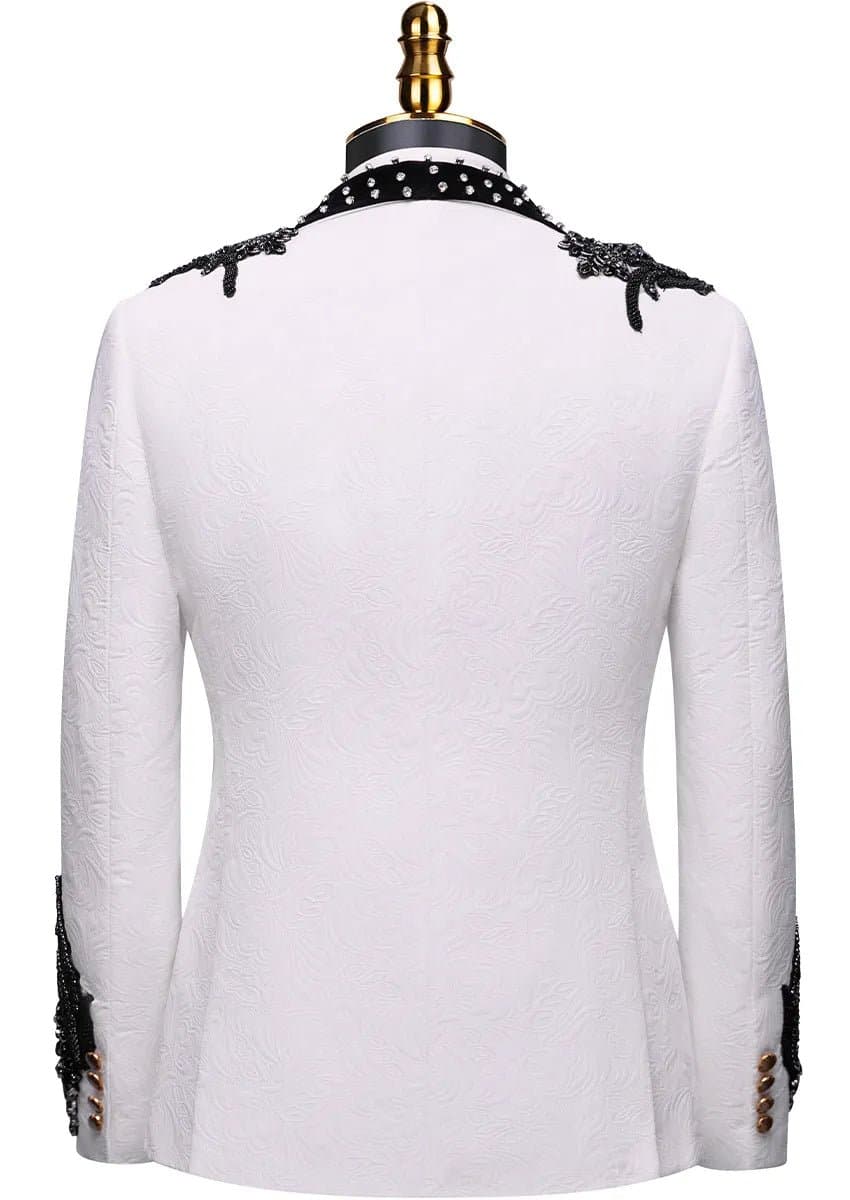 Obsidian Vanguard White Black Wing Beaded Contrast 3-Piece Tuxedo Slim Fit