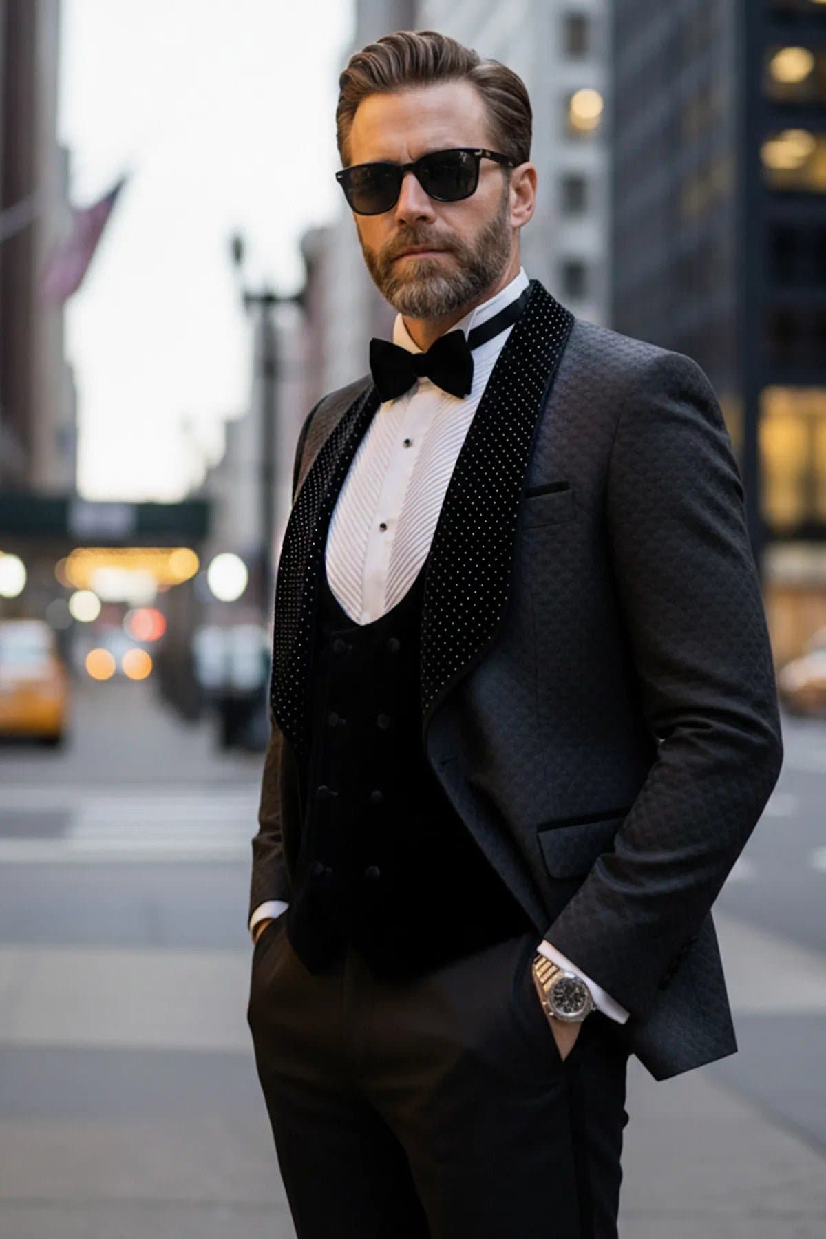 Obsidian Masterpiece Black Jacquard Velvet 3-Piece Slim Fit Tuxedo Set Jacket Vest Trousers
