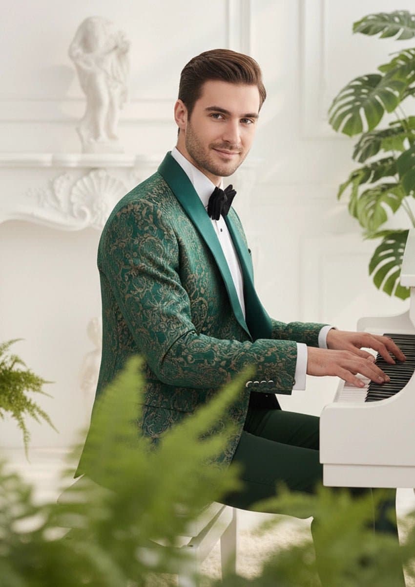 Emerald Green Jacquard 3-Piece Tuxedo Slim Fit Jacket Vest Trousers