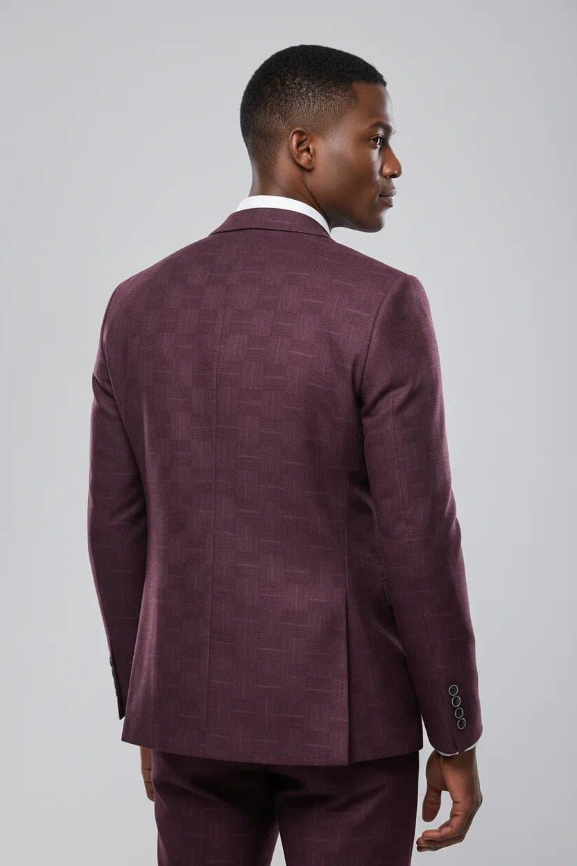 Garnet Mosaic Burgundy Textured 3-Piece Suit Set - Slim Fit Jacquard Jacket Vest Trousers