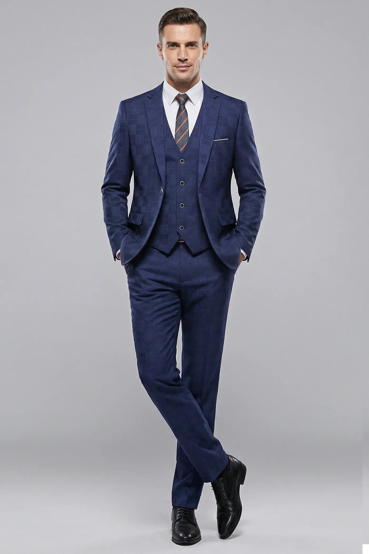 Royal Blue Geometric Sapphire Canvas 3-Piece Suit Set Jacket Vest Trousers Slim Fit