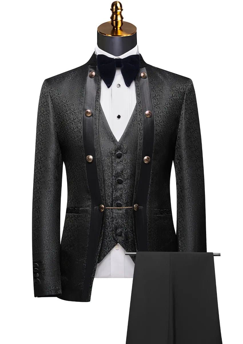 Black Paisley Jacquard 3-Piece Tuxedo - Slim Fit Jacket Vest Trousers