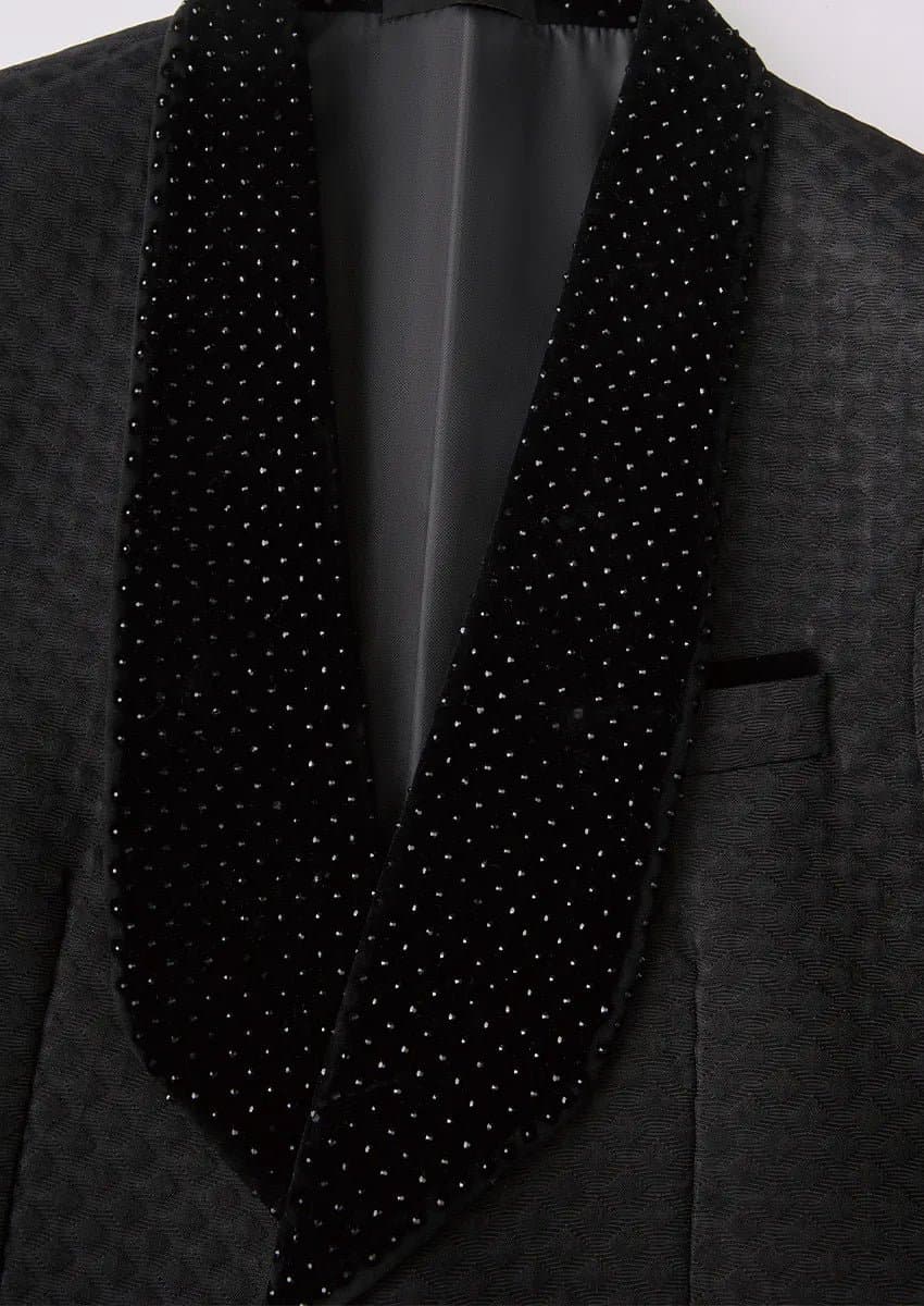 Obsidian Masterpiece Black Jacquard Velvet 3-Piece Slim Fit Tuxedo Set Jacket Vest Trousers