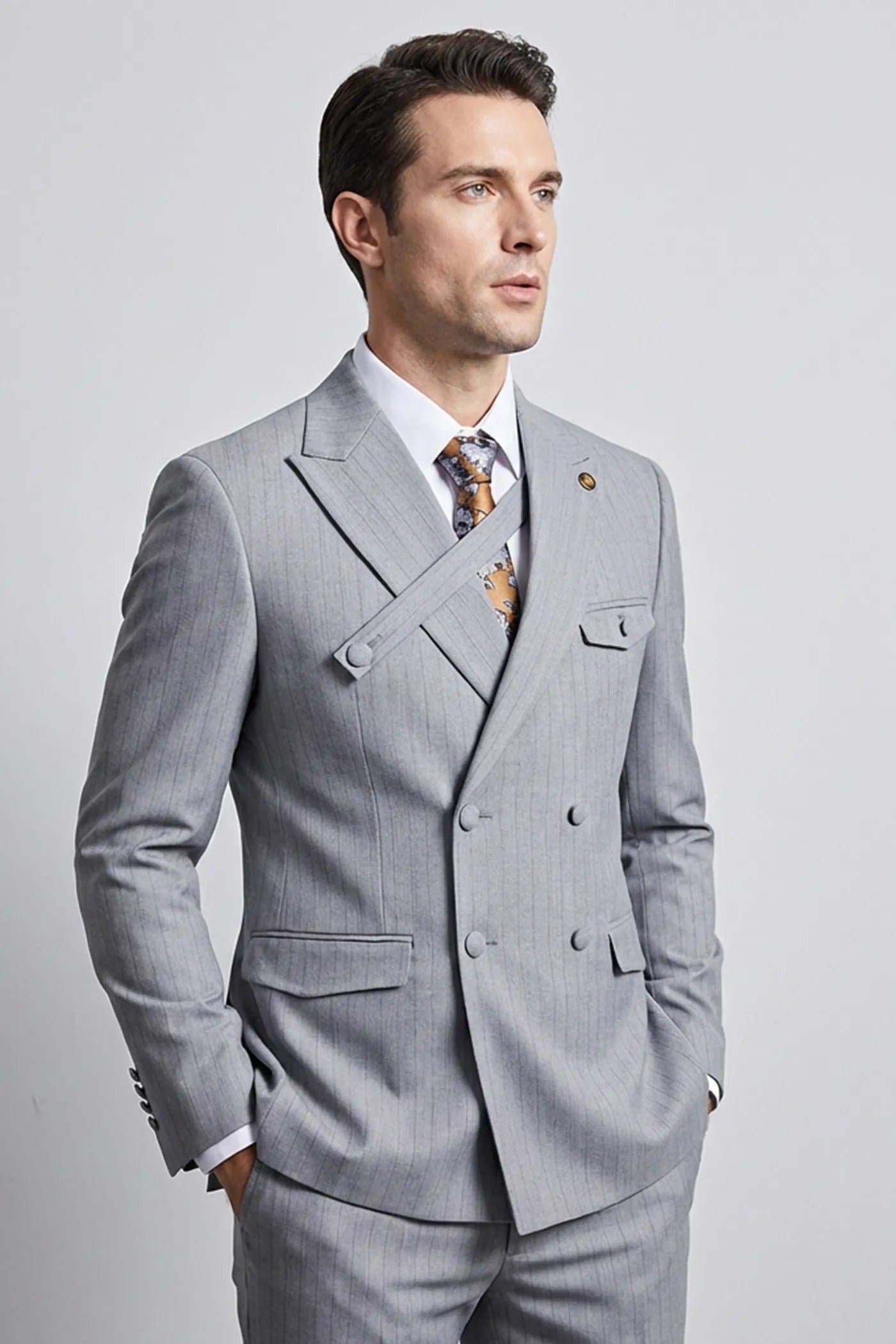 Grey Pinstripe Cross-Strap 2-Piece Slim Fit Suit Set Jacket Trousers