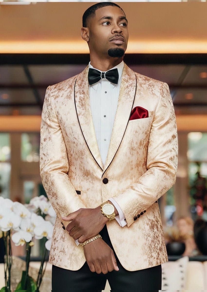 Champagne Gold Jacquard Dinner Jacket with Shawl Lapel and Black Piping