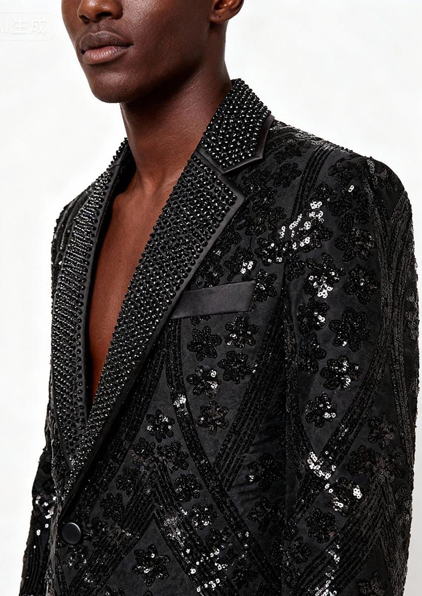 Obsidian Galaxy Black Sequin Velvet Dinner Jacket Slim Fit