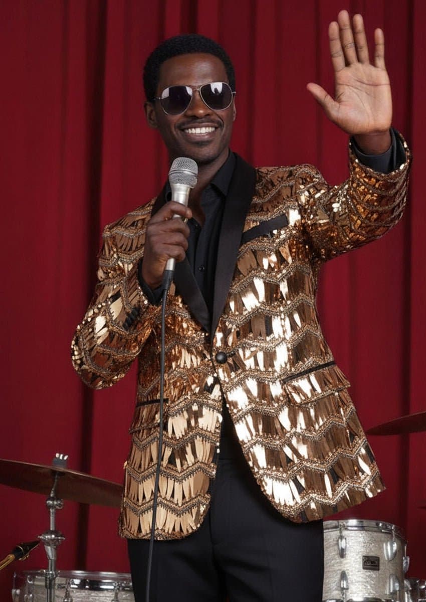 Phoenix Bronze Layered Sequin Tuxedo Set with Black Satin Shawl Lapel Jacket and Trousers