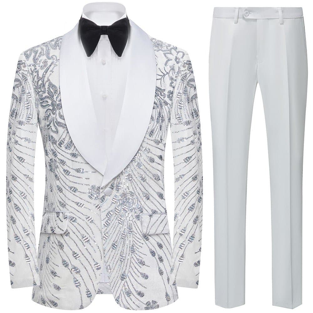 White Velvet Silver Sequin Dinner Jacket - Moonlight Phoenix Slim Fit Men's Blazer