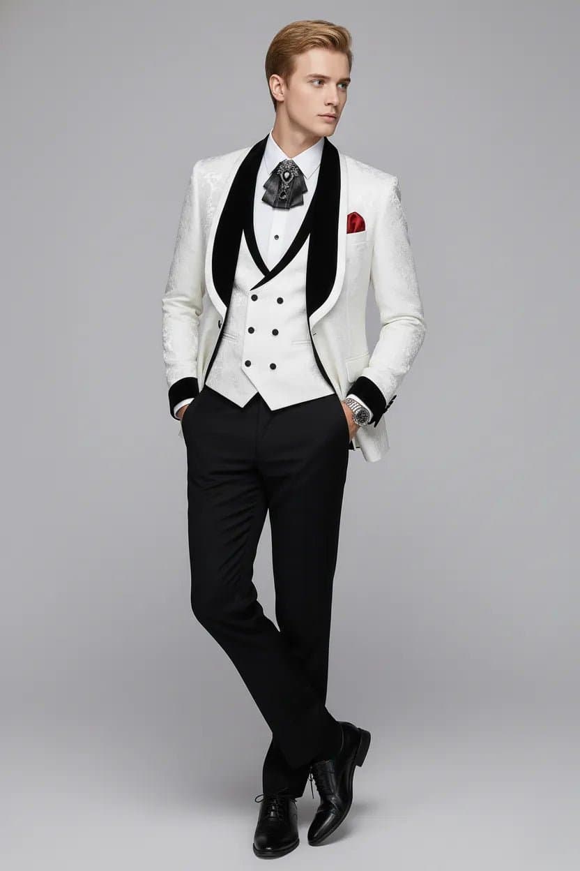 White Floral Jacquard 3-Piece Tuxedo with Black Velvet Shawl Collar - Sizes 34R-42R